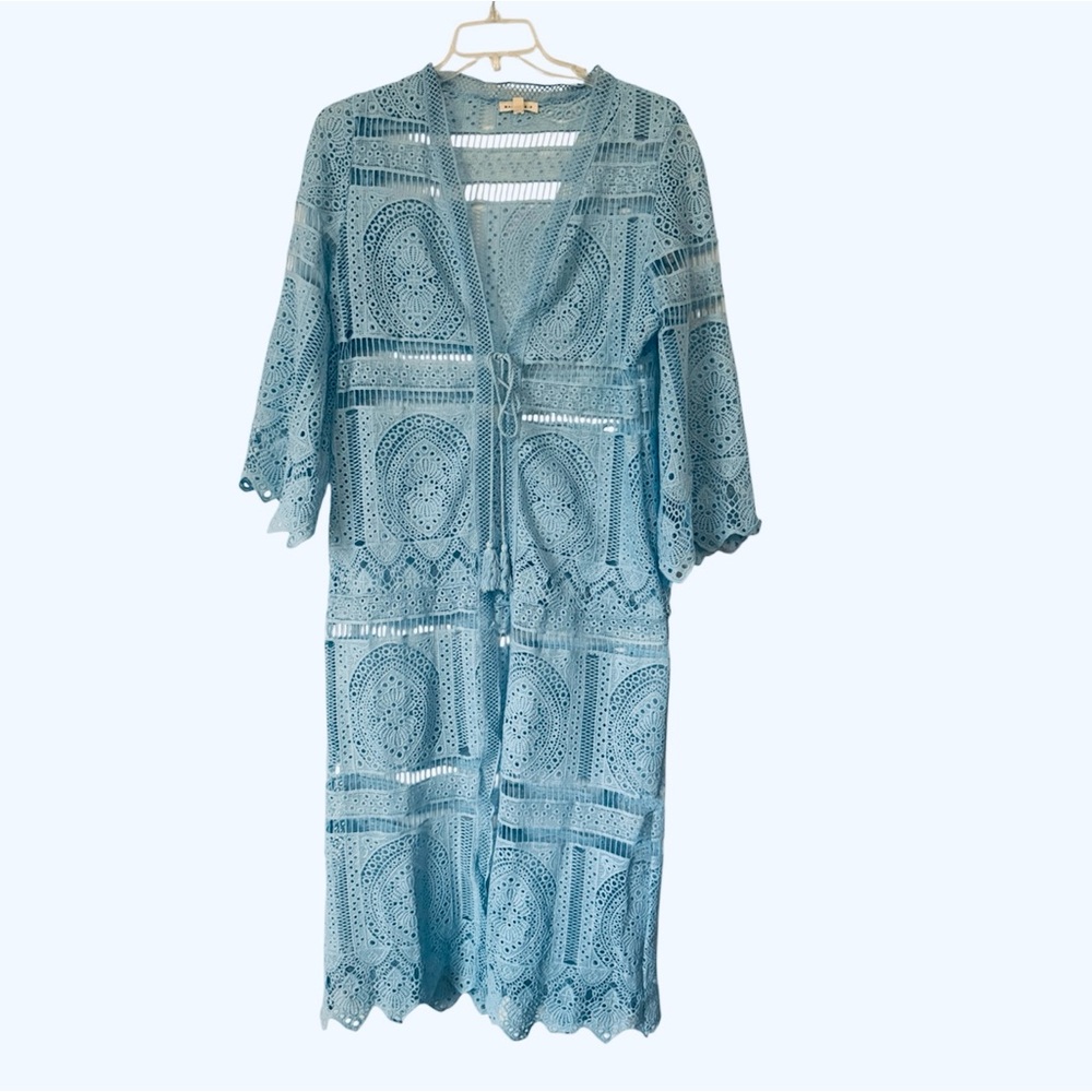 Main Strip Lace Open knit Long Cover Up Robe Blue Large